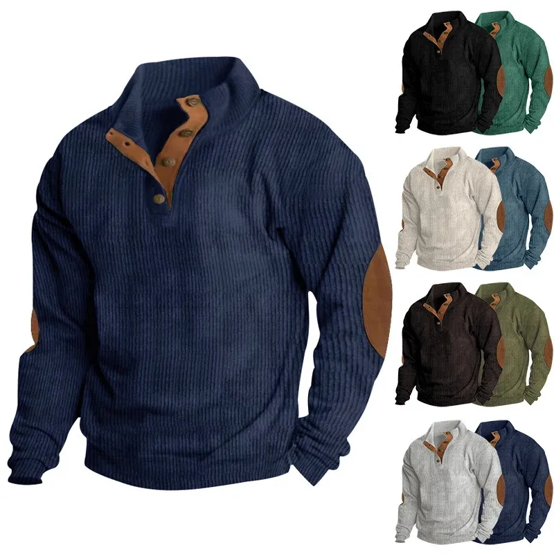 Herren grobgestrickter Pullover mit Stehkragen, Knopfleiste und Kunstleder-Ellbogenpatches – Norvane
