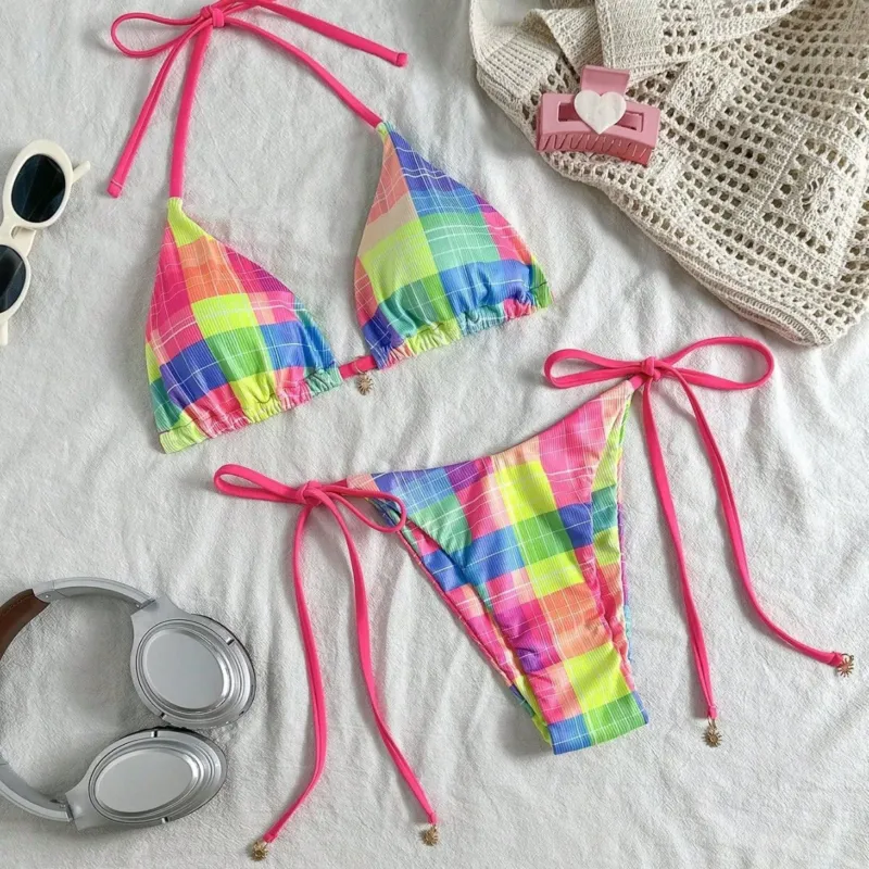 Damen Bunt karierter Triangel-Bikini mit seitlichen Bindebändern – Maréssa