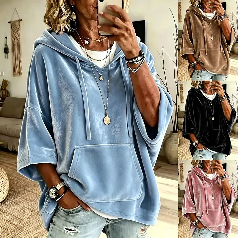 Damen Oversize Samt-Hoodie mit halblangen Ärmeln und Kängurutasche Echoarchiv