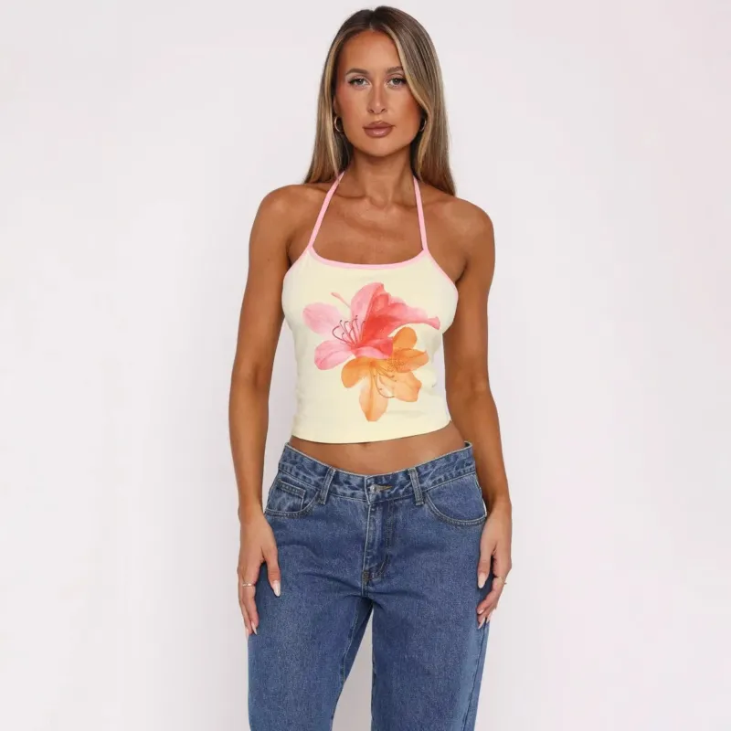 Damen Crop-Top mit floralem Druck und verstellbaren Trägern – Orélia